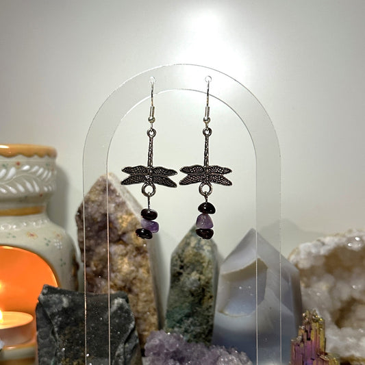 Dragonfly earrings with amethyst and obsidian stones